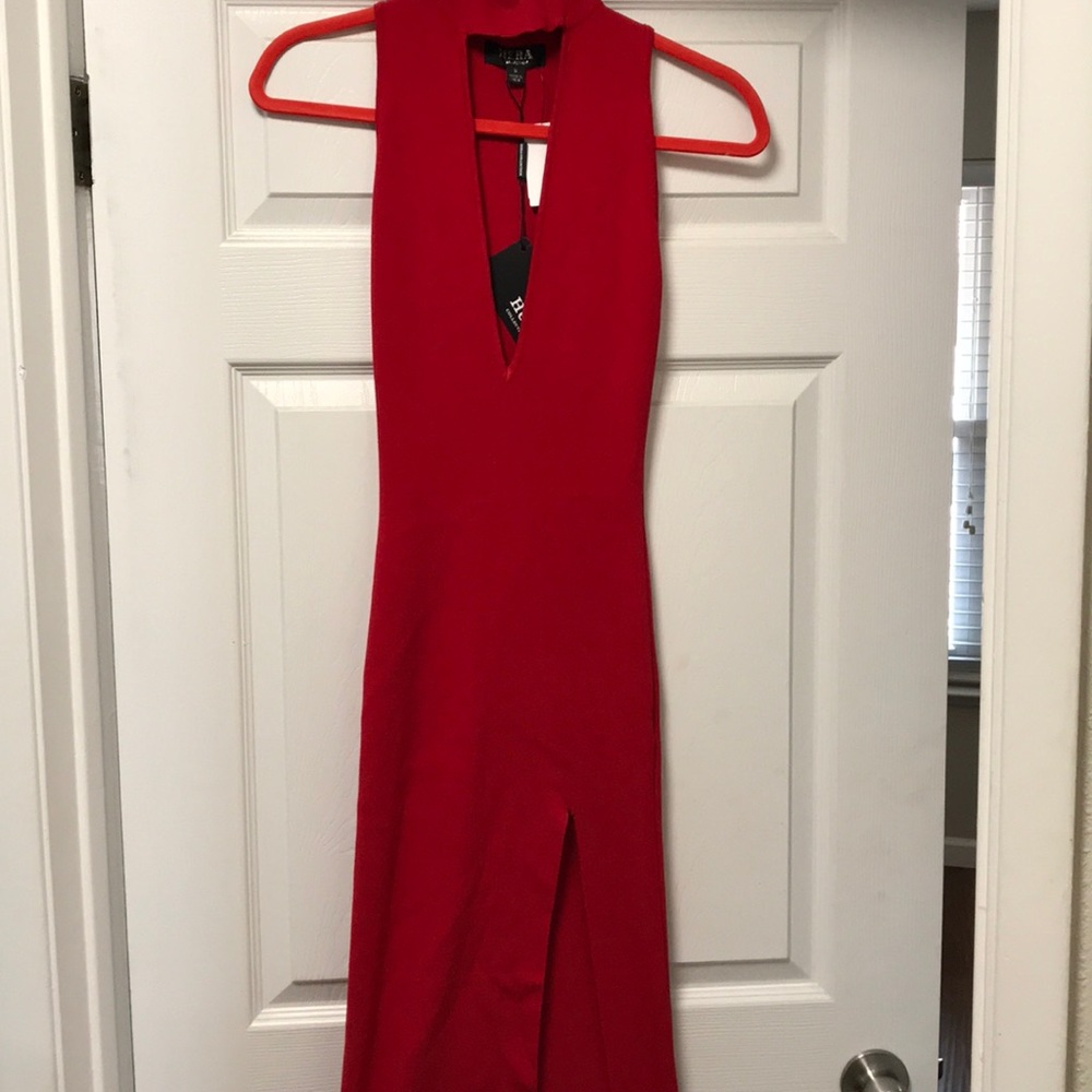 Red long dress with high slit